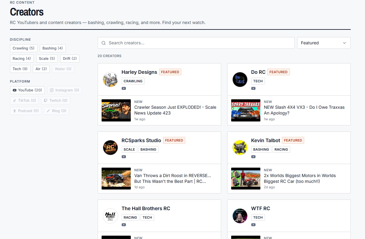 The creators directory showing RC channels with their latest videos