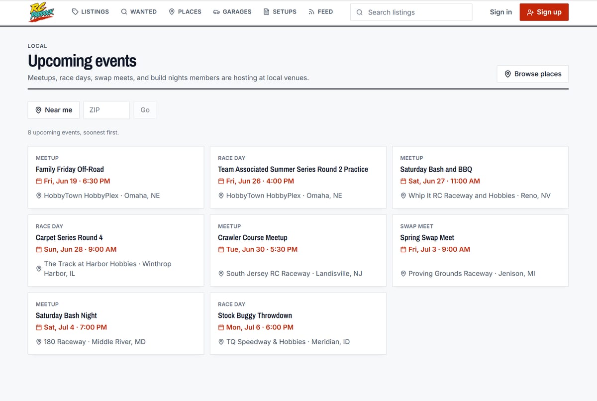 The upcoming events list with dates and venues