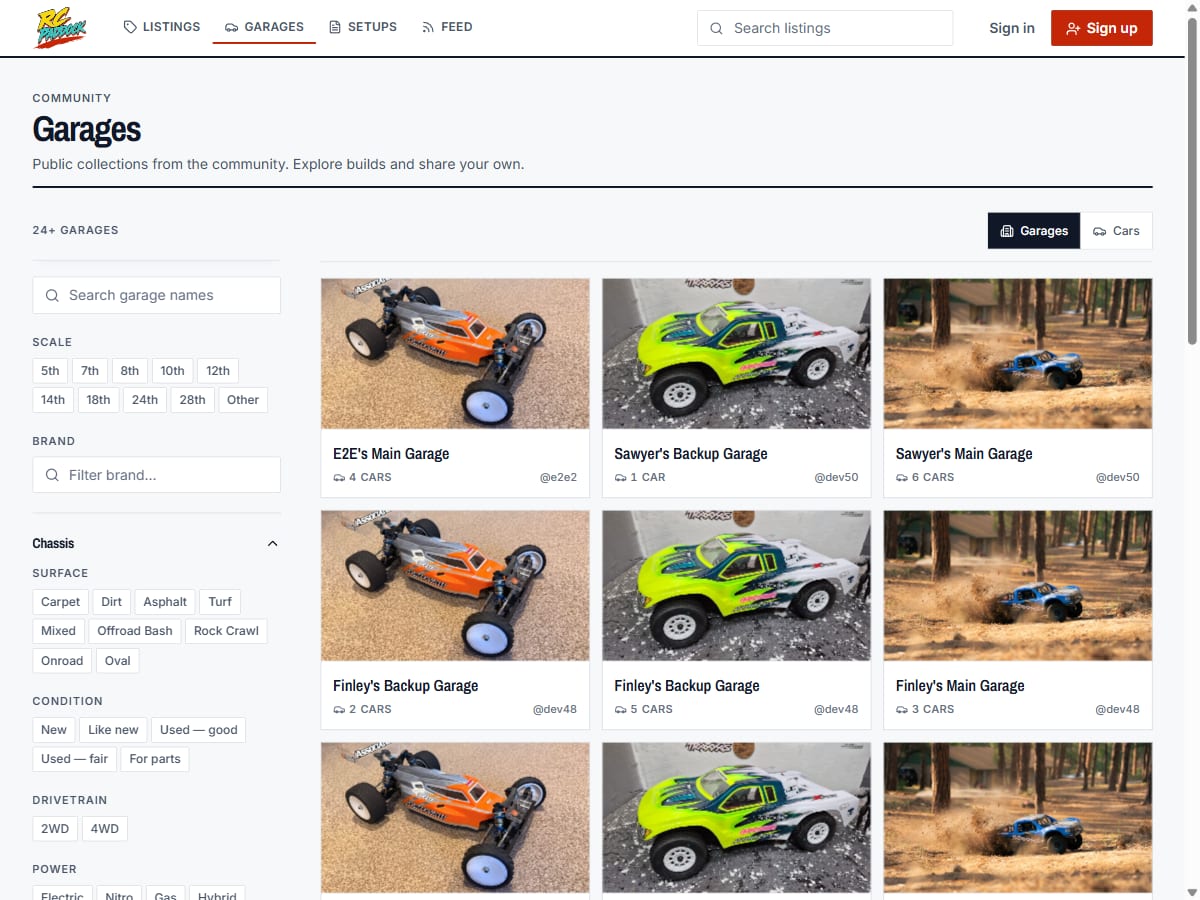 A public garage page showing several catalogued RC cars