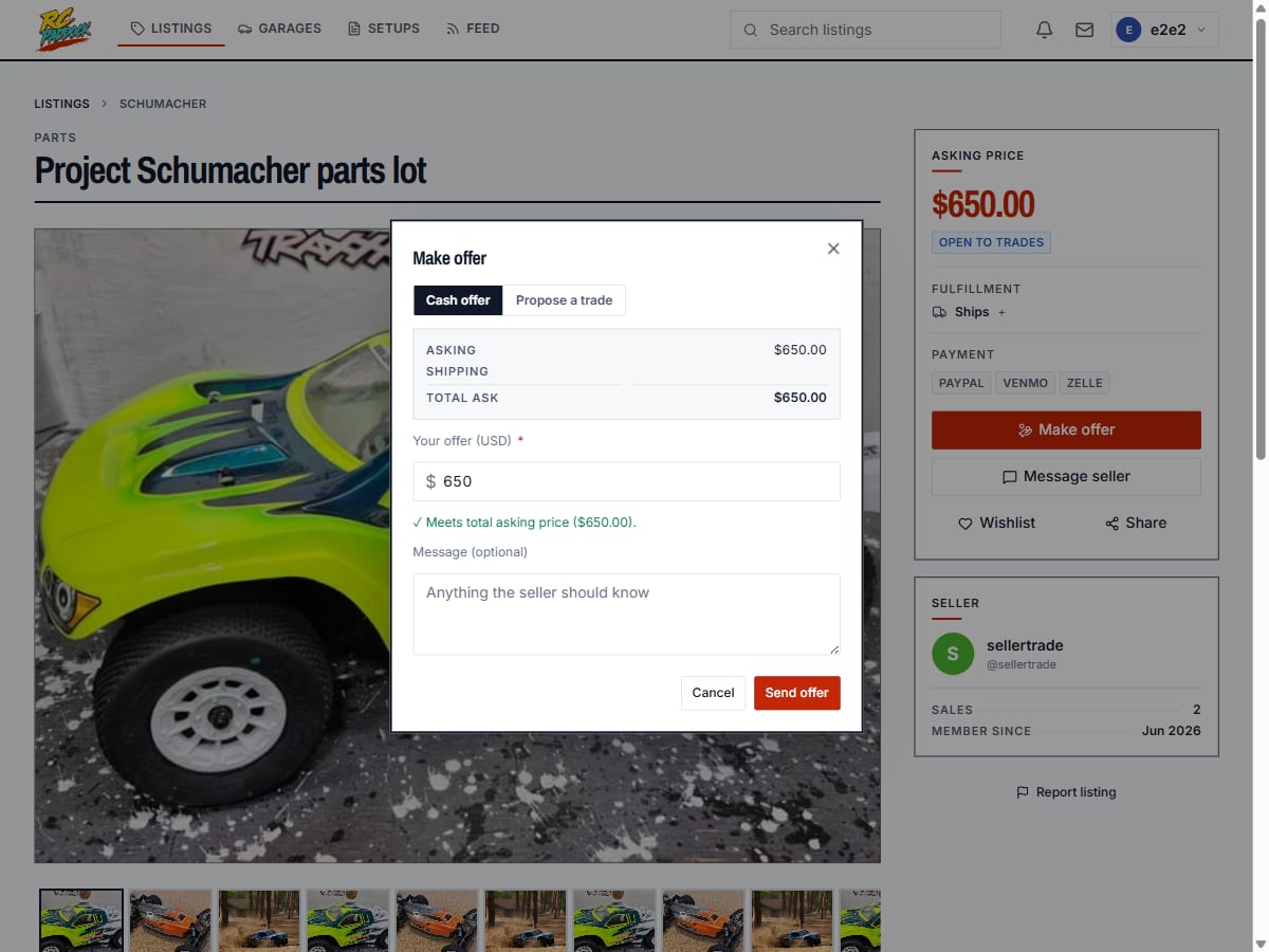 An offer thread showing a trade offer with a garage car attached