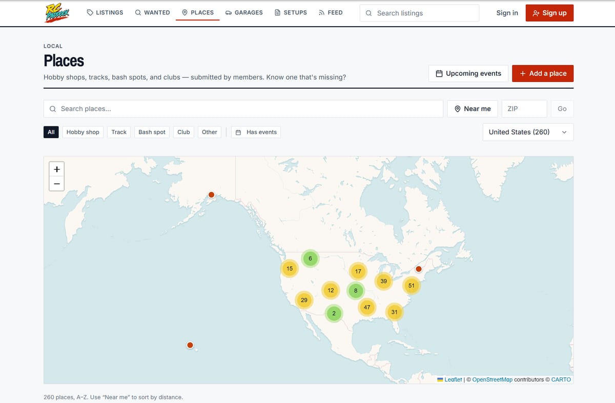 The Places directory map with pins for local shops and tracks