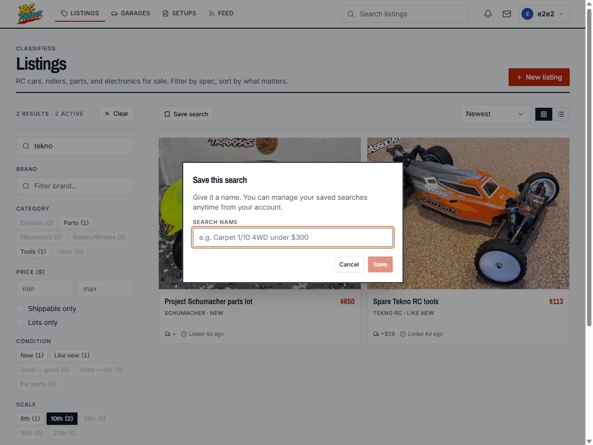 The saved-search screen with a match notification