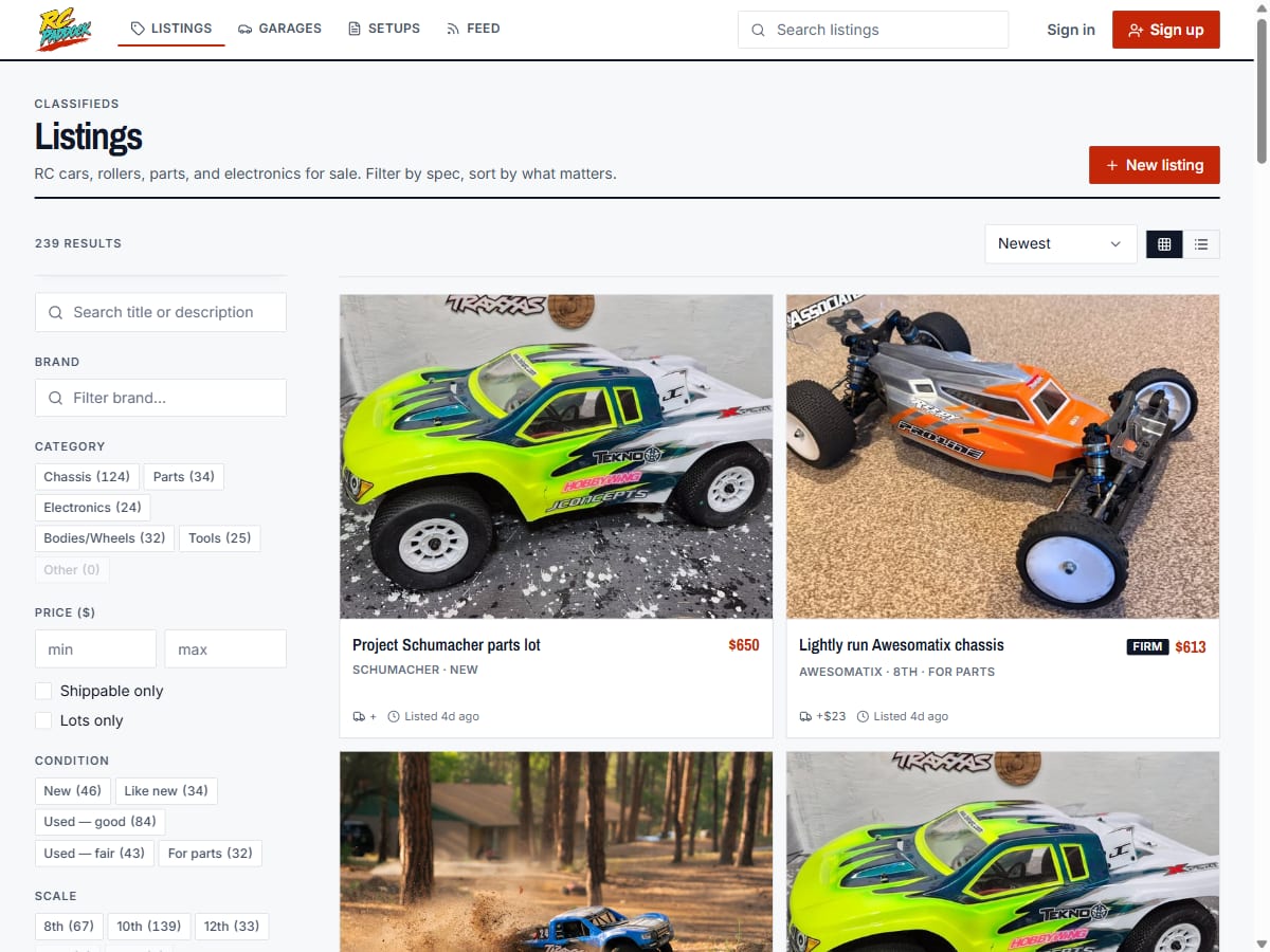 The listings browse page with spec filters applied