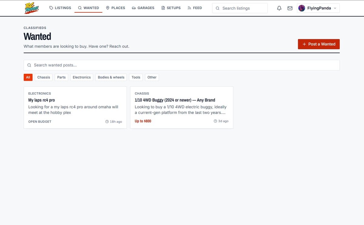 A Wanted post with matching for-sale listings shown alongside it
